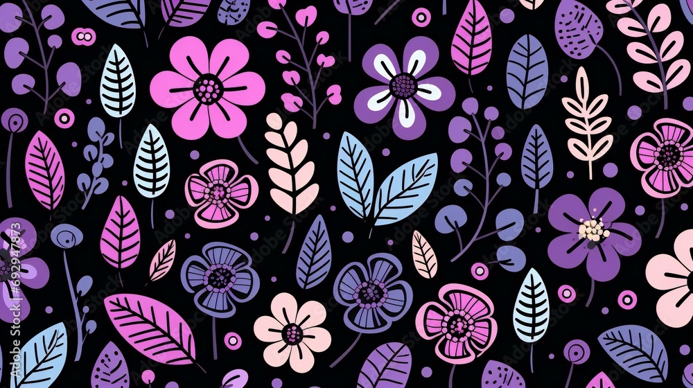 Whimsical Floral Pattern with Pink and Purple Blooms and Leaves on a Dark Background Whimsical Floral Pattern with Pink and Purple Blooms and Leaves on a Dark Background