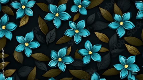 Luminous Blue Flowers with Golden Centers Set Against a Dark Botanical Background Pattern