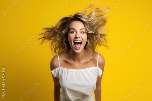 background yellow isolated upside hanging excited happy jumping woman blonde young Beautiful action active adult air attractive blond casual attire caucasian cheerful cool curly hair down energy photo