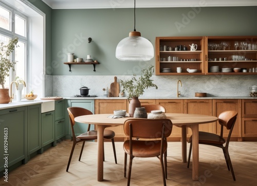 contemporary house beautiful dining room area with green color scheme detail design with wooden furniture and cosy comfort decorating finishing built-in home interior background daylight photo