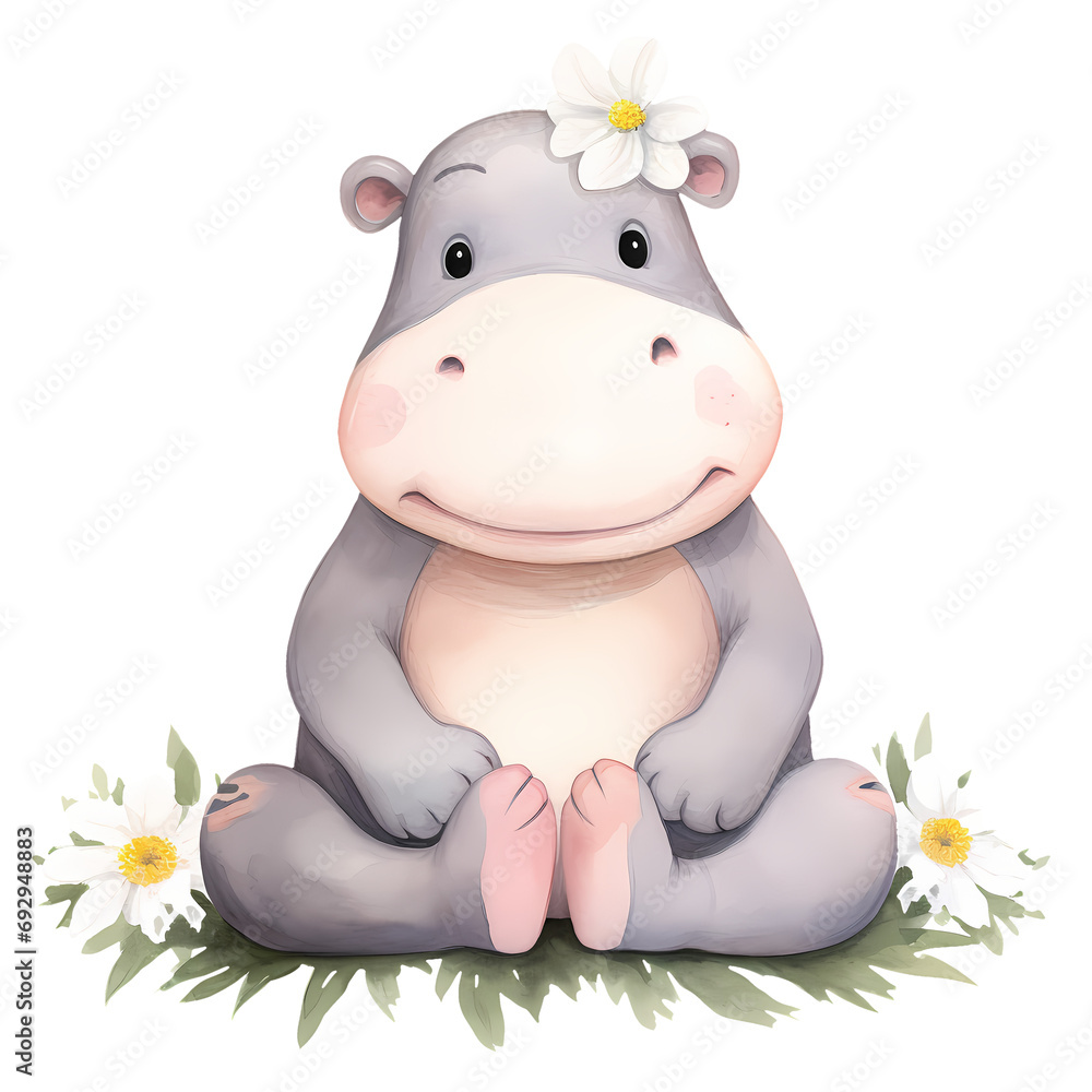 Fototapeta premium Cute Hippo And Flowers Watercolor Clipart Illustration