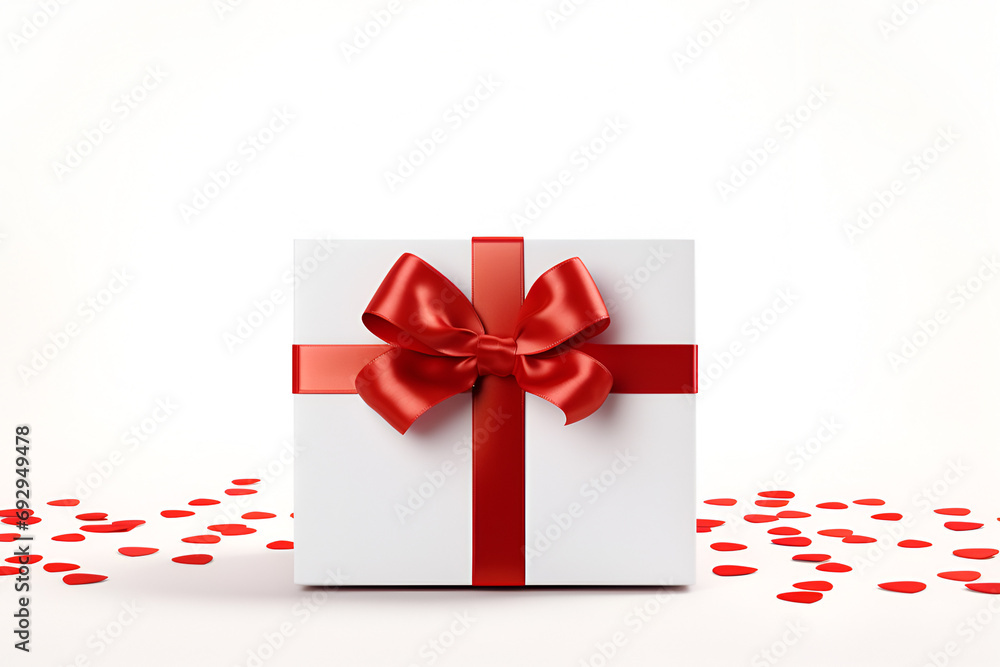White gift box with red ribbon on white background with red hearts confetti White gift box with red ribbon on white background with red hearts confetti
