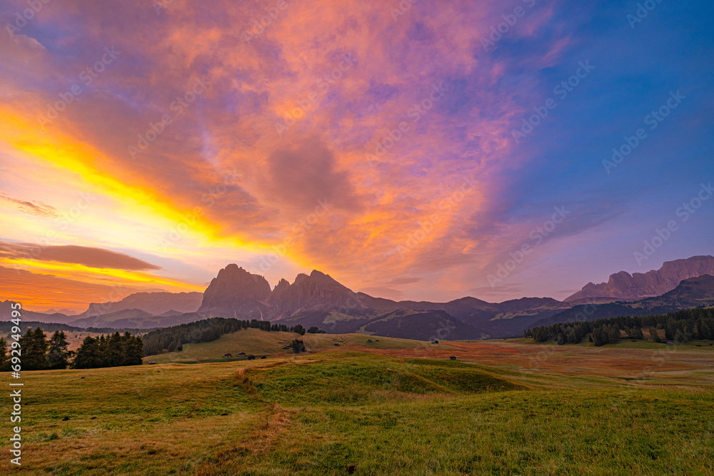 Alpe di Siusi (Seiser Alm), Europe's largest high-alpine pasture in South Tyrol, Italy. A captivating landscape unfolds