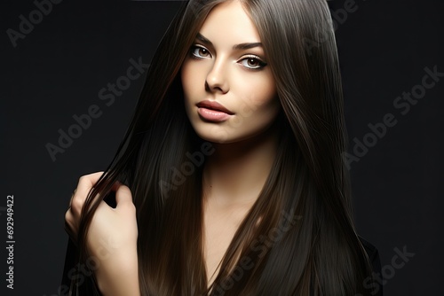 hair straight long woman Beautiful beauty coiffure model fashion face girl pretty brown female sexy portrait sensuality glamour brunette black caucasian 1 posing studio salon style grey background