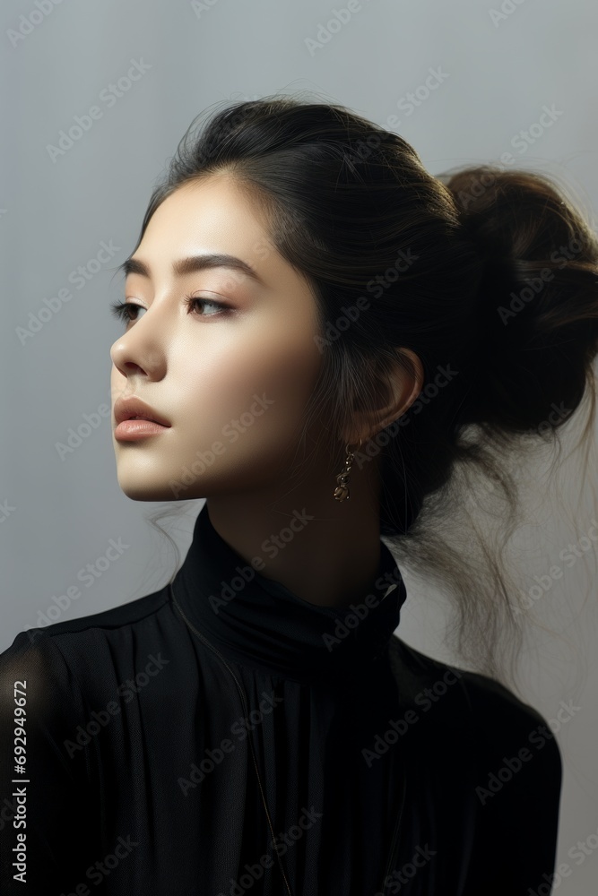 Fototapeta premium portrait profile view headshot of beautiful asian woman stylish makeup studio lighting setup healthy skincare and cosmetic beauty concept
