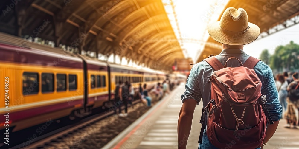 Young traveler at modern railway station. Urban landscape stylish man stands alone on platform backpack ready for journey