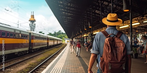 Young traveler at modern railway station. Urban landscape stylish man stands alone on platform backpack ready for journey