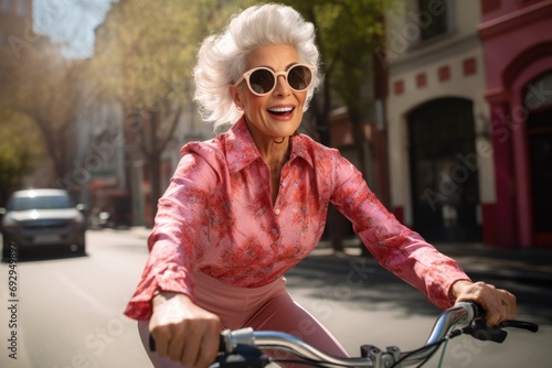 An age-old happy woman rides a bike
