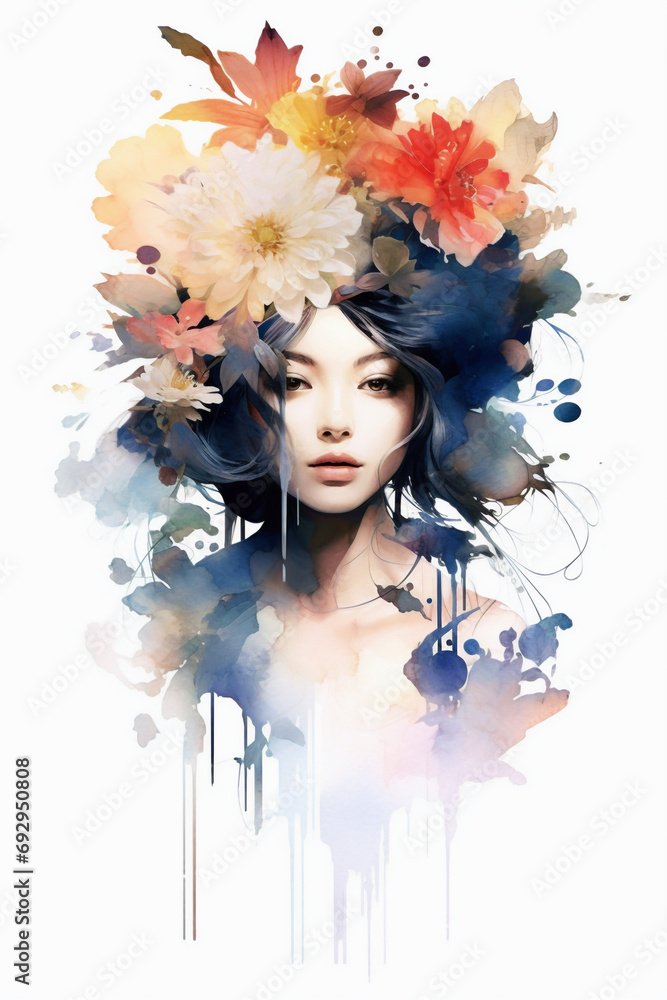 abstract portrait of a woman with flowers in hair