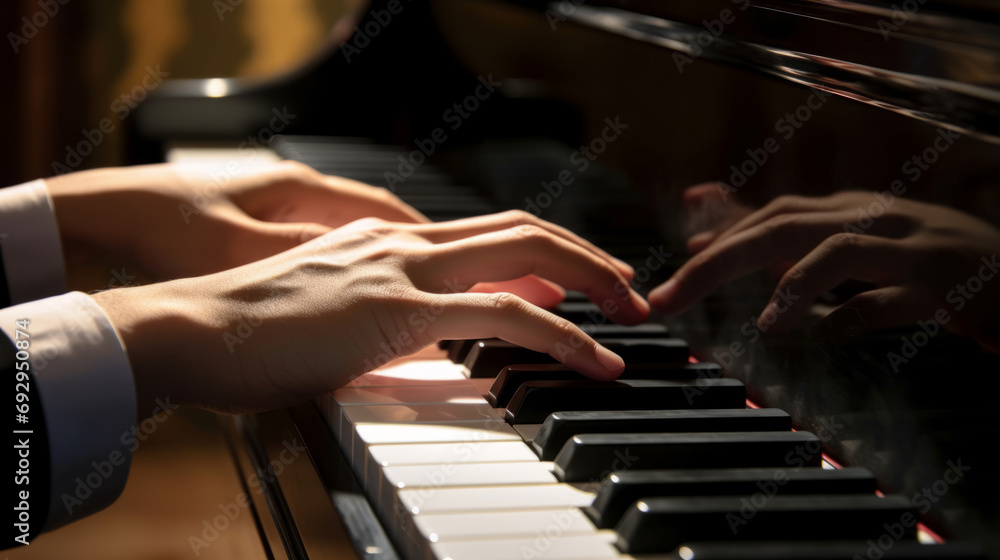 Fototapeta premium Hand playing piano. Closeup. Beautifull light and composition. Elegant piano playing