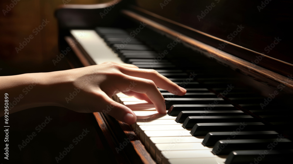 Hand playing piano. Closeup. Beautifull light and composition. Elegant piano playing