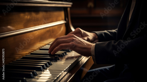 Hand playing piano. Closeup. Beautifull light and composition. Elegant piano playing photo