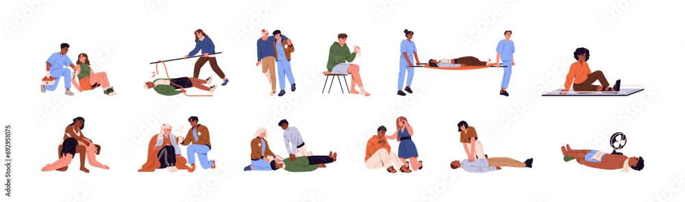First aid people set. Different emergency help accident victims with injuries. Person with bandage on stretcher. CPR, rescue techniques from heart attack. Flat isolated vector illustration on white - obrazy, fototapety, plakaty 