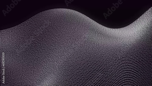 On a black background, a halftone gradient curve shape with flowing dots and particles forms a wave pattern.