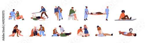 First aid people set. Different emergency help accident victims with injuries. Person with bandage on stretcher. CPR, rescue techniques from heart attack. Flat isolated vector illustration on white