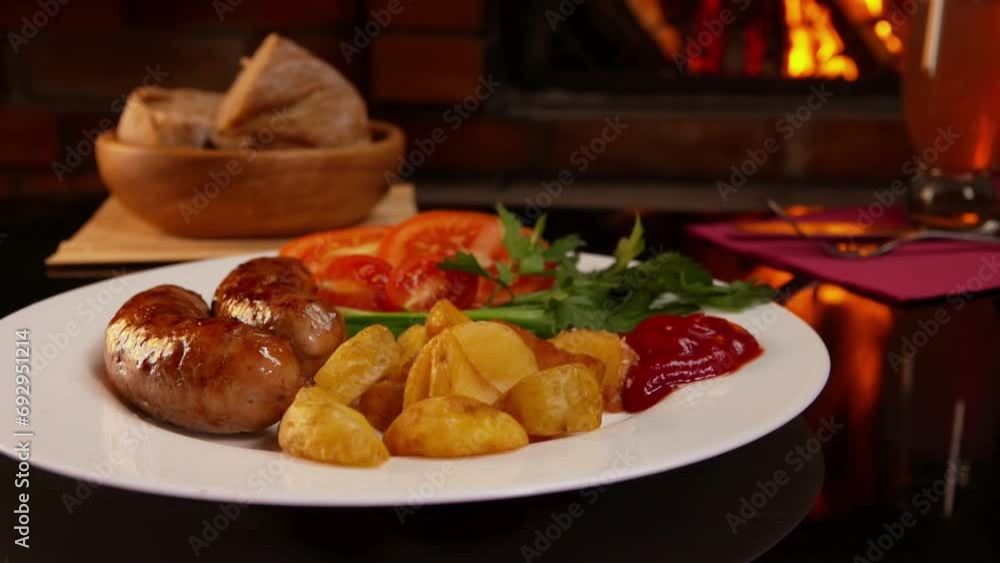 Hands place a plate with fried sausage and potatoes Hands place a plate with fried sausage and potatoes