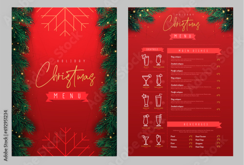 Restaurant Christmas holiday menu design with christmas floral desoration. Vector illustration