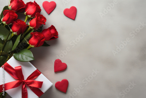Valentine's day greeting card with red roses and gift on gray background. View from above. Space for your greetings. Mothers day.