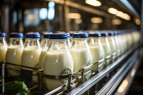 Rows of fresh milk bottles on a conveyor belt in a dairy factory, showcasing food production and packaging. photo
