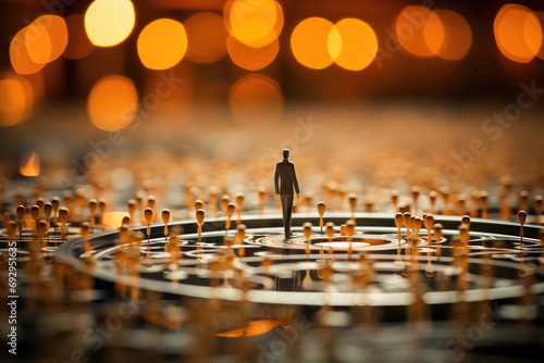 Conceptual image of a miniature figure standing amidst a crowd  symbolizing leadership and standing out in business.