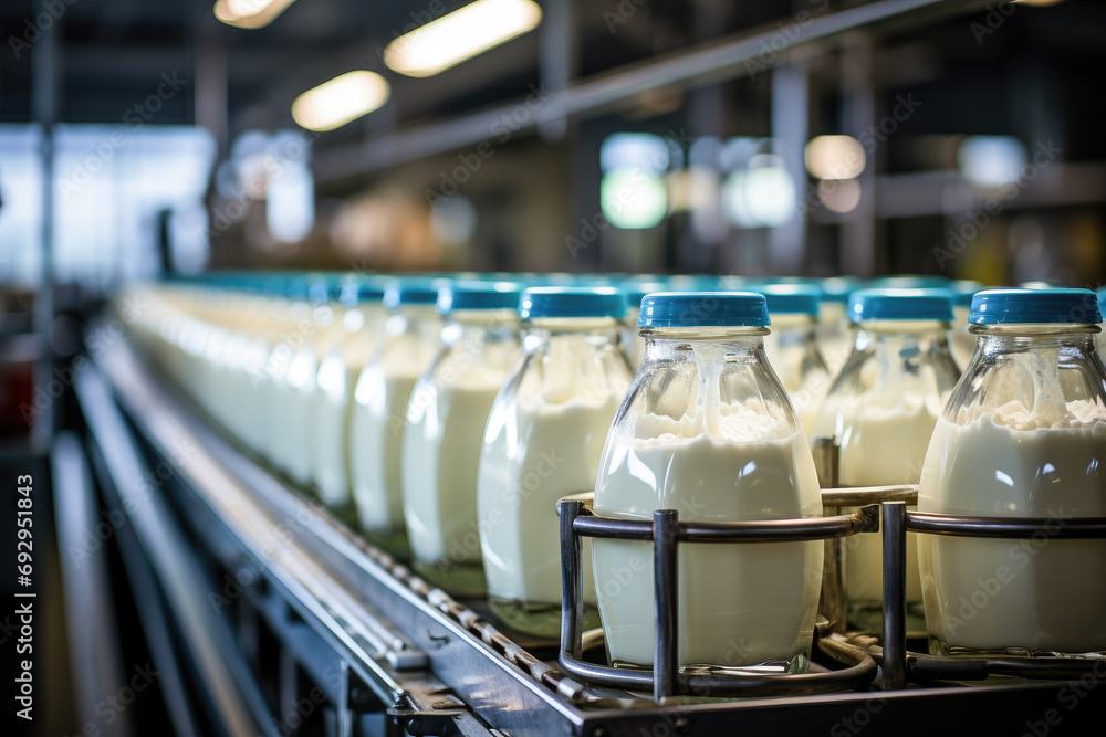 Rows of milk bottles on a conveyor belt in a dairy factory