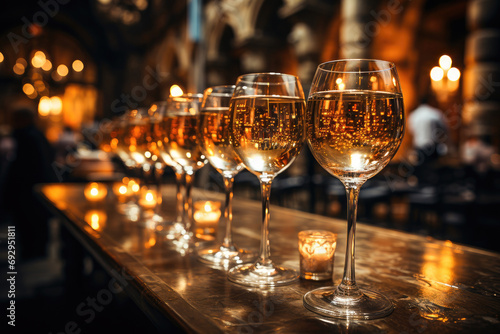 Elegant wine glasses lined up on a bar, with a warm, inviting glow in the background, perfect for social events and celebrations.