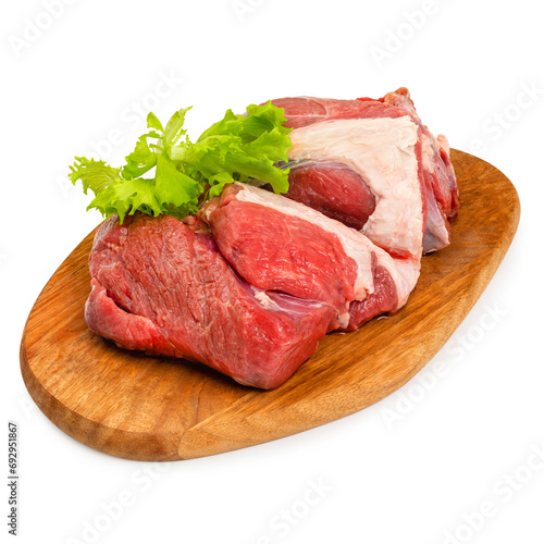 Lamb boneless meat fresh on a wooden board, on a white background, isolated