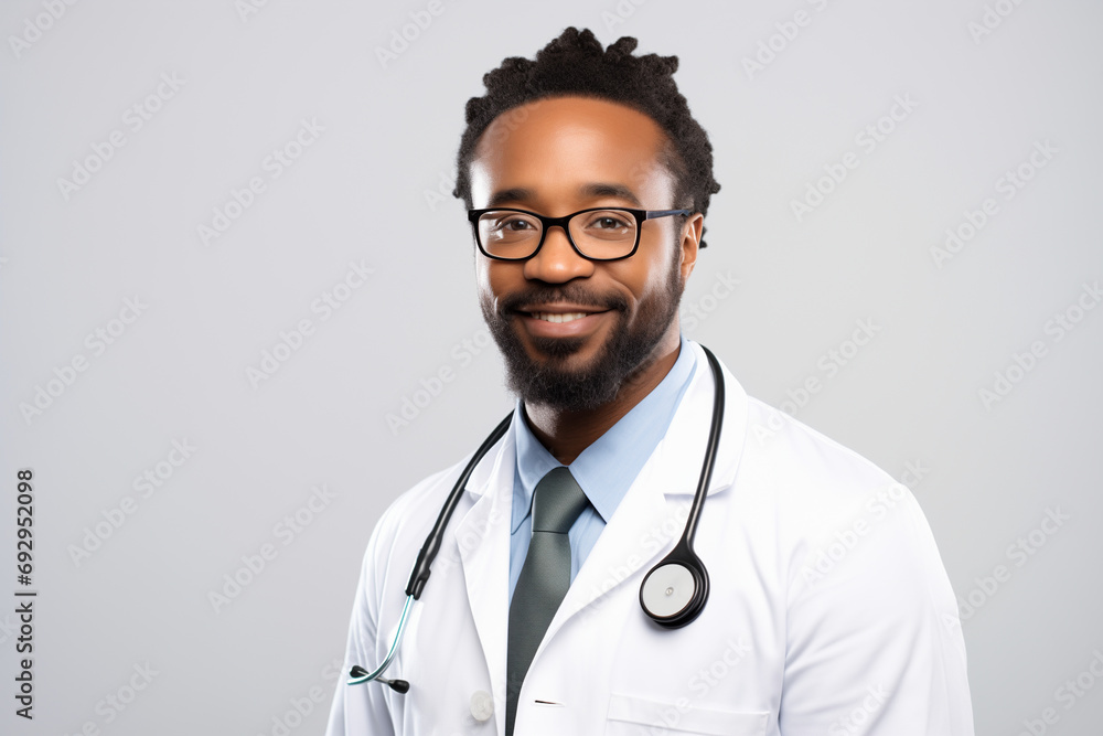 Portrait of African American smiling glasses doctor posing on gray studio background, free space. General practitioner.Generative AI