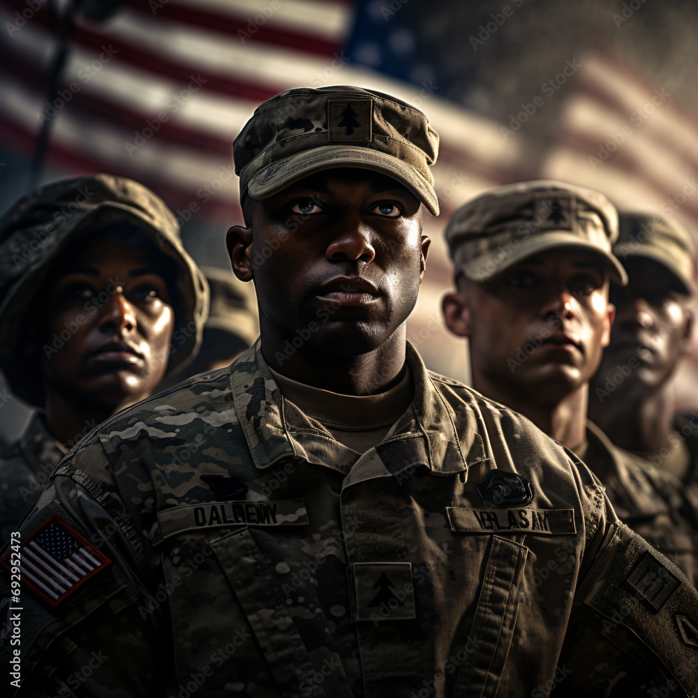 A group of army Respects the American flag in honor of the National Guard's Birthday. Generative AI A group of army Respects the American flag in honor of the National Guard's Birthday. Generative AI