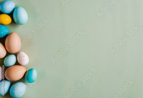 Happy Easter decoration background, painted colorful eggs, negative copy space