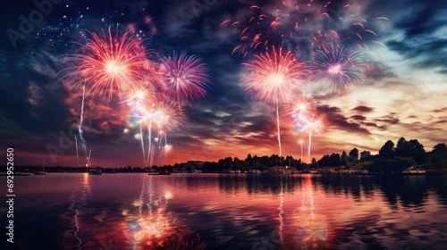Beauty of the fireworks reflect on river or lake water.