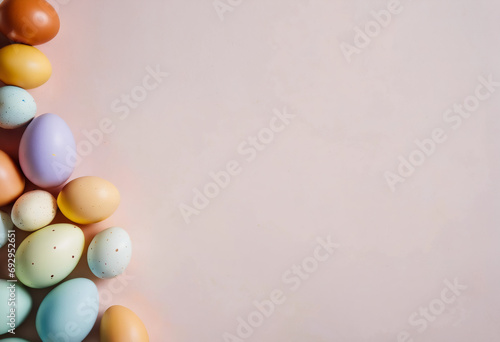 Happy Easter decoration background  painted colorful eggs  negative copy space