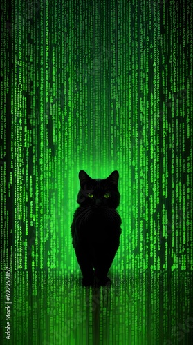 A cascading binary code background highlighting a black cat. Deja Vu.