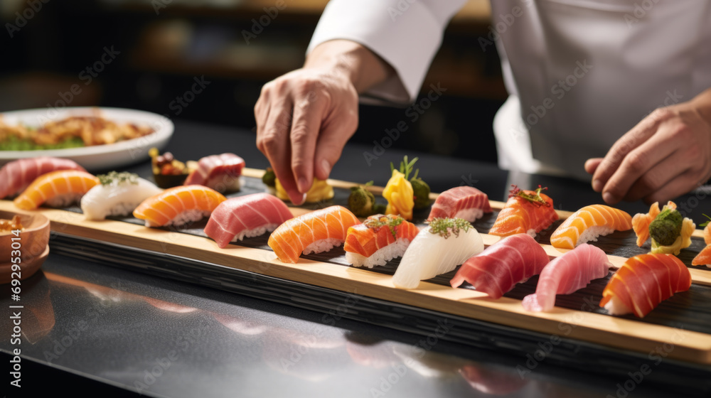 Closeup of chef hands preparing japanese food. Japanese chef making sushi at restaurant