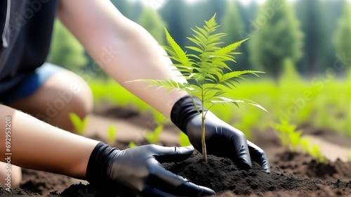 Planting new trees. planting new trees in an open forest