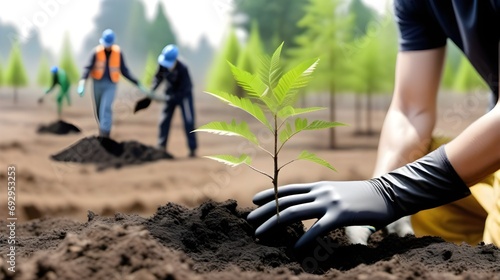 Planting new trees. planting new trees in an open forest