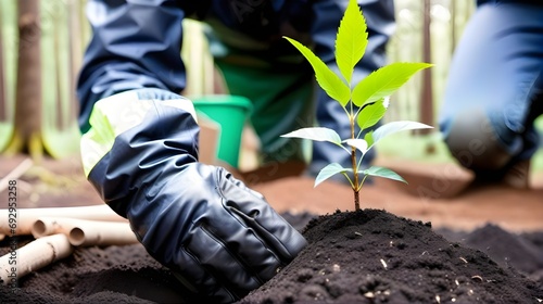 Planting new trees. planting new trees in an open forest