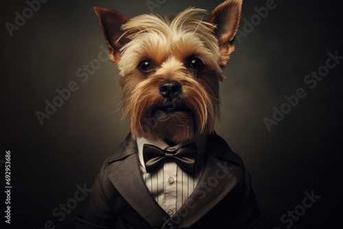 Dog dressed in an elegant suit with a stylish bow tie. Fashion portrait of an anthropomorphic canine, exuding confidence and charm with a human touch.