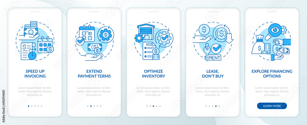 2D icons representing strategies for improving cash flow monochromatic mobile app screen set. Walkthrough 5 steps blue graphic instructions with linear icons concept, UI, UX, GUI template.