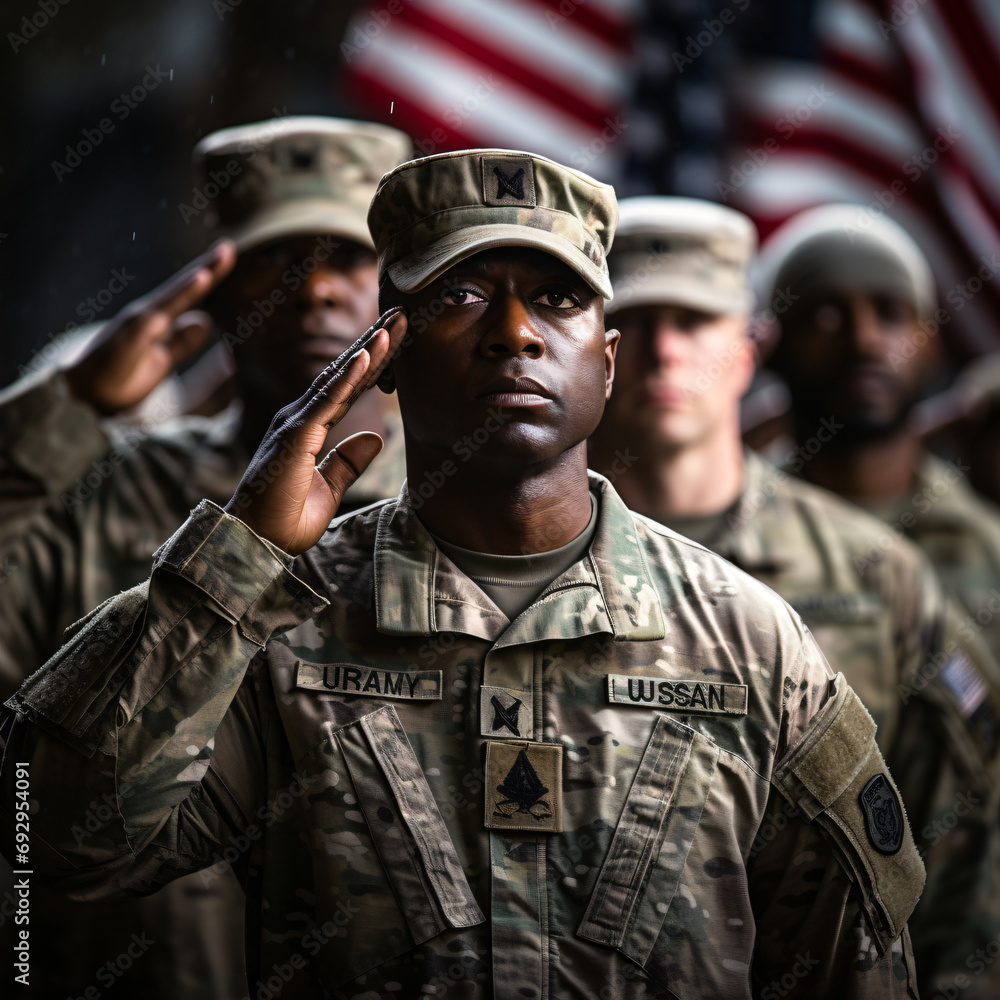 A group of army Respects the American flag in honor of the National Guard's Birthday. Generative AI A group of army Respects the American flag in honor of the National Guard's Birthday. Generative AI