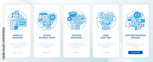 2D icons representing strategies for improving cash flow monochromatic mobile app screen set. Walkthrough 5 steps blue graphic instructions with linear icons concept, UI, UX, GUI template.
