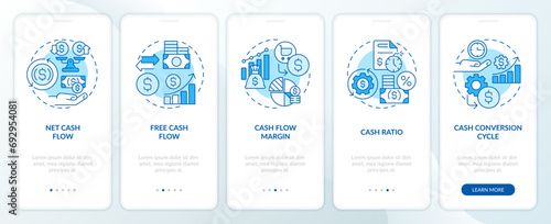2D icons representing key metrics cash flow monochromatic mobile app screen set. Walkthrough 5 steps blue graphic instructions with line icons concept, UI, UX, GUI template. photo