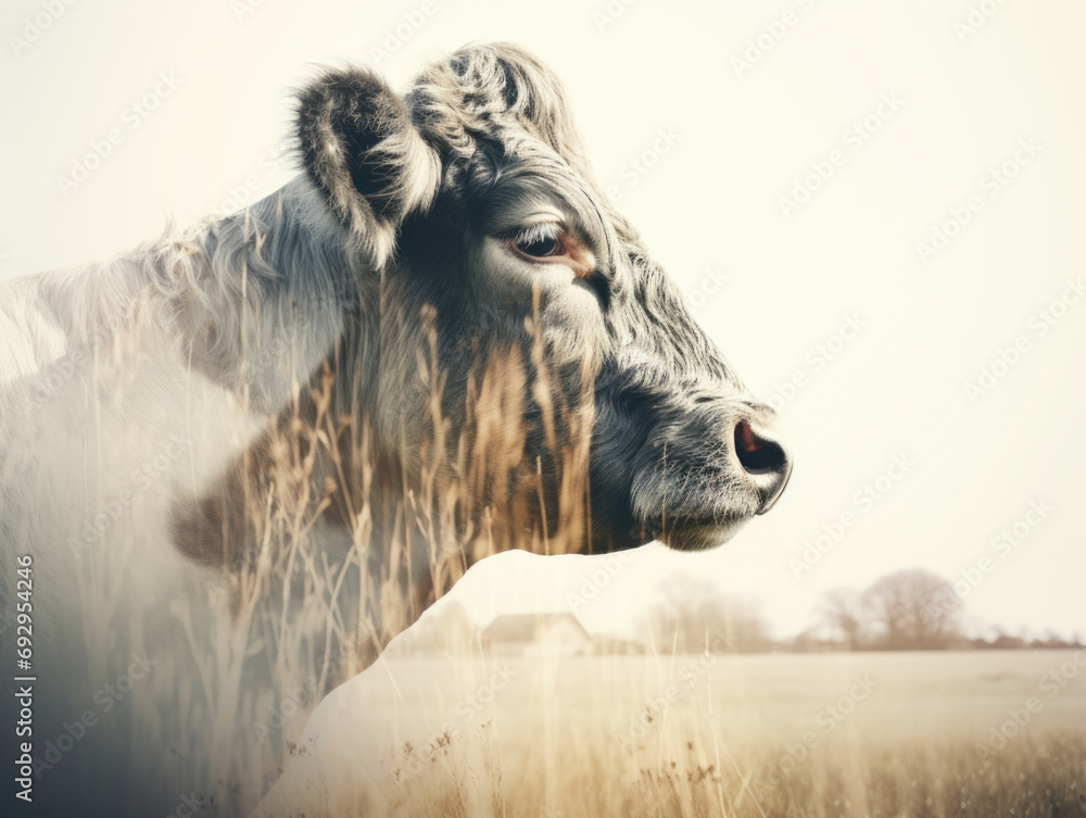 Artistic double exposure of a cow's profile with a serene field Artistic double exposure of a cow's profile with a serene field