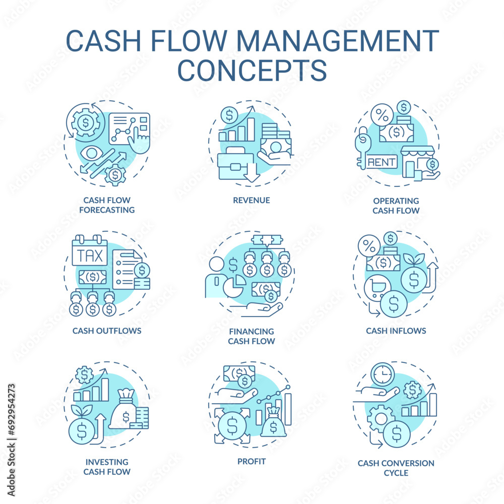 Collection of 2D editable blue thin line icons representing cash flow management, isolated simple vector, linear illustration.