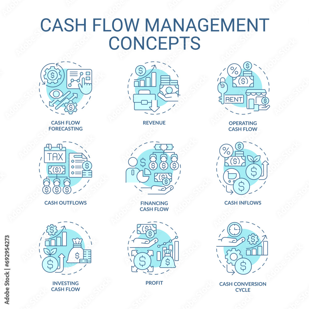 Collection of 2D editable blue thin line icons representing cash flow management, isolated simple vector, linear illustration. Collection of 2D editable blue thin line icons representing cash flow management, isolated simple vector, linear illustration.