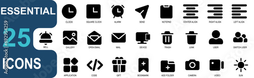 collectionessential icons.glyph style.contains remote,trash can,junk,user,group,app,menu,code,gift,bookmark,folder,camera,video,sun,light.vector collection for ui.
