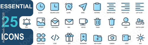 essential icon set.filled line icon.modern style vector.remote,trash can,junk,user,group,app,menu,code,gift,bookmark. suitable for web ui
