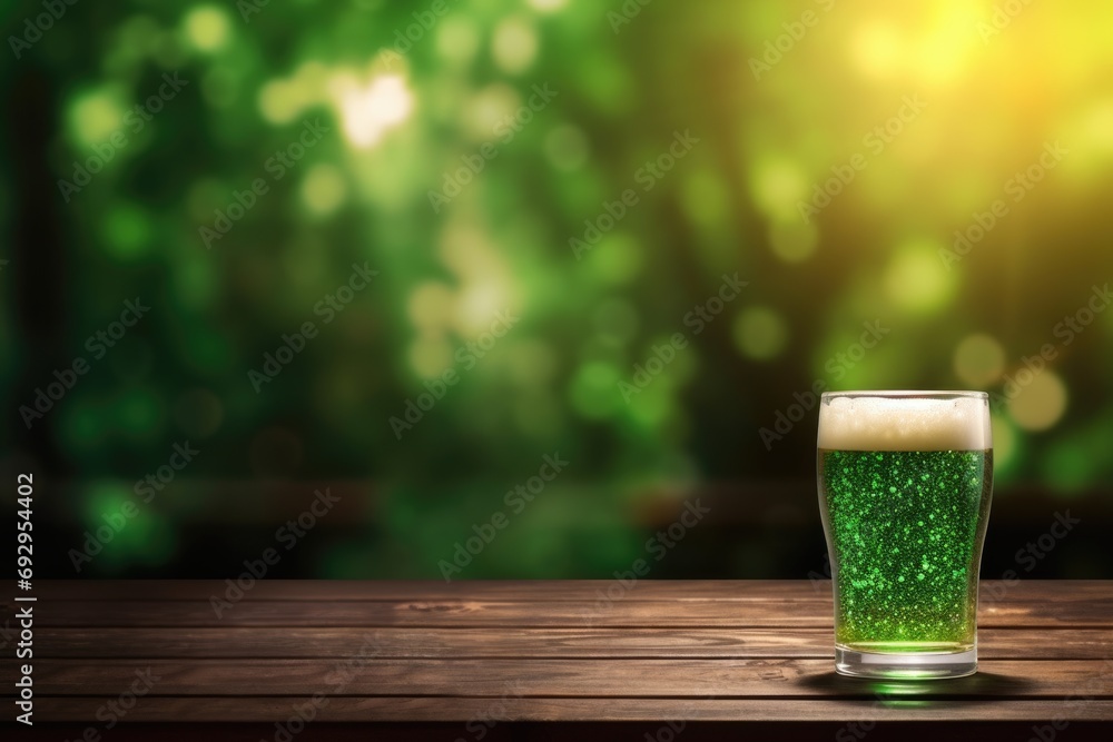 Patrick Day green beer on empty wooden table top and blurred green background in pub. Festive traditional beverage. Patrick Day green beer on empty wooden table top and blurred green background in pub. Festive traditional beverage.
