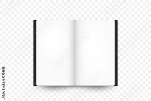 Black notebooks with white blank pages, open notebook.