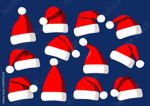 Hat santa christmas set decorations and design isolated on blue background illustration vector  